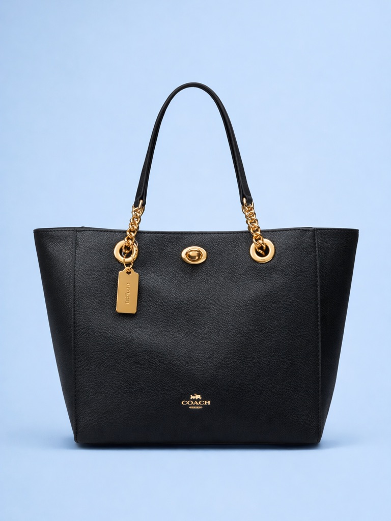Nwt Coach Turnlock Black Pebbled Leather Chain Tote Bag